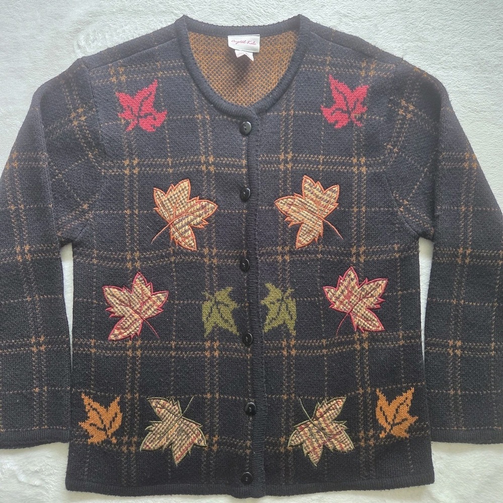 Vintage Crystal Kobe Cardigan Fall Leaves Button  Womens Medium